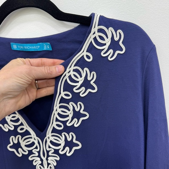 Tori Richard Honolulu Dress soft navy blue with white trim split neck midi knee - Picture 2 of 6